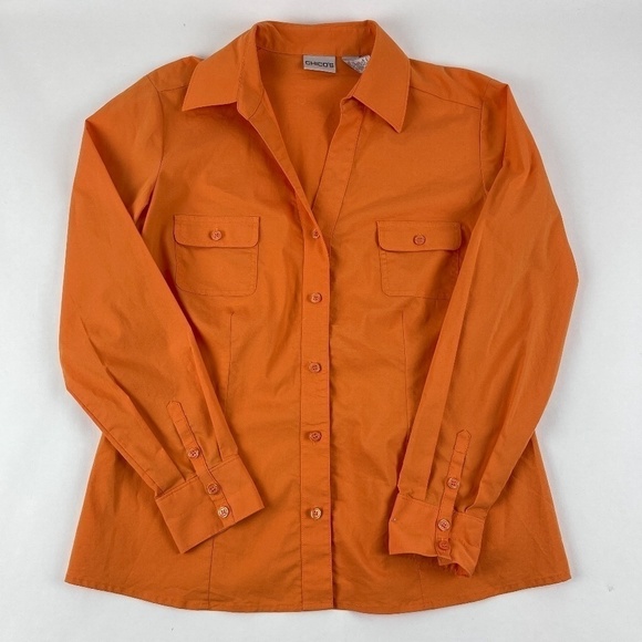 Chicos Womens Button Front Shirt Orange Pockets 1 - Picture 4 of 9